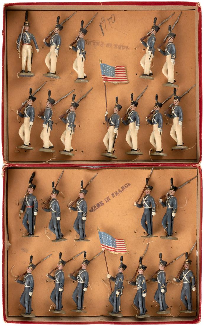 MIGNOT WEST POINT CADETS #361 BOXED SUMMER & WINTER: MIGNOT WEST POINT CADETS #361 BOXED SUMMER & WINTER DRESS SETS. Pair of 6-5/8x8.25x1-1/8" deep cardboard boxes w/applied labels (w/handwritten contents list) each contain Mignot set #361 made in Franc