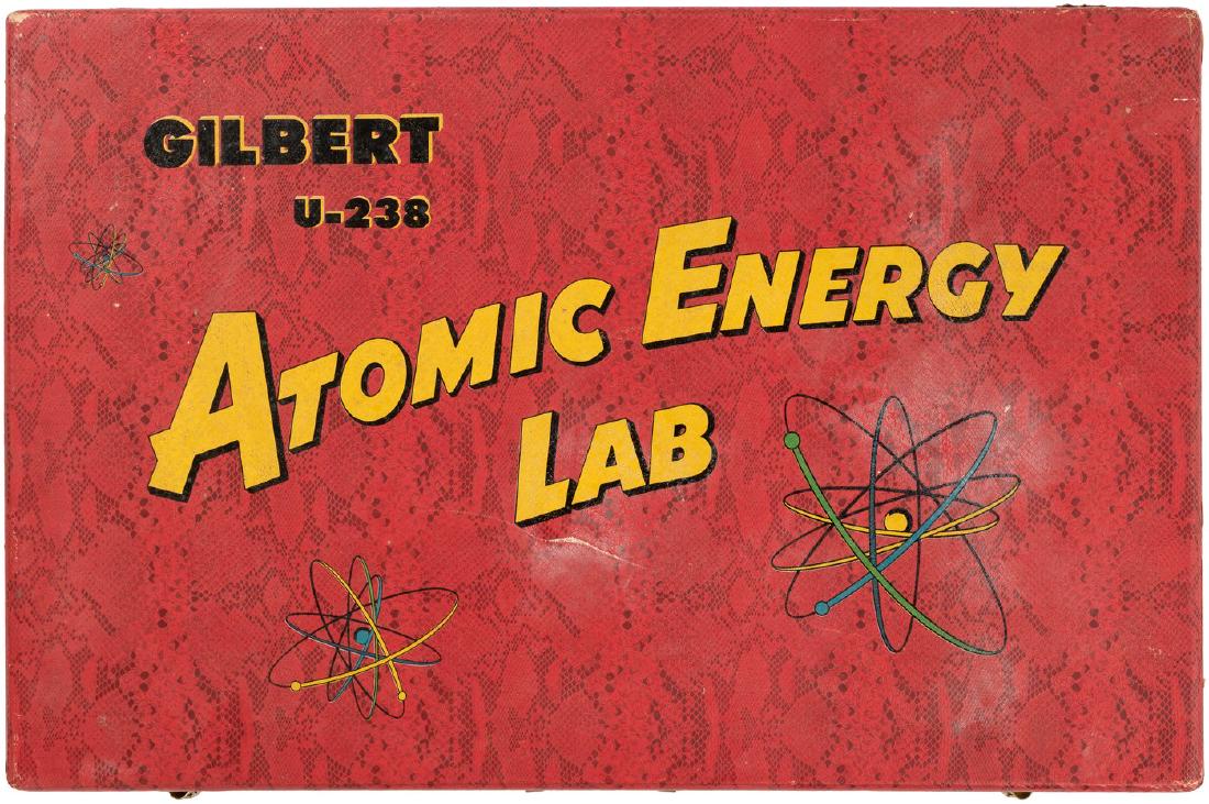"GILBERT NUCLEAR PHYSICS NO. U-238 ATOMIC ENERGY LAB": GILBERT NUCLEAR PHYSICS NO. U-238 ATOMIC ENERGY LAB BOXED 1952 SET. 16.5x25.25x4.75" deep textured paper-covered case contains A.C. Gilbert Co. set No. U-238 (a clever reference to Uranium-238, the mo