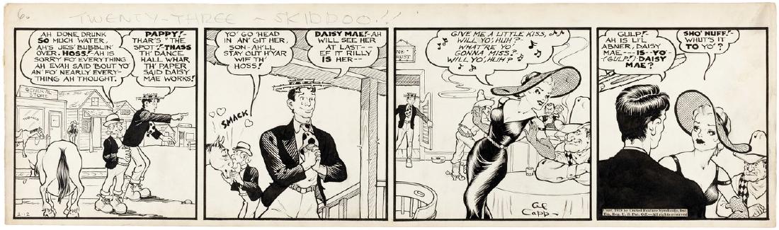 "LI'L ABNER" 1938 DAILY STRIP ORIGINAL ART BY AL CAPP.: LI'L ABNER 1938 DAILY STRIP ORIGINAL ART BY AL CAPP. 6-5/8x23" artboard has Al Capp's pencil and ink original art for Feb. 12, 1938 daily strip. Strip features four panels, w/Pappy Yokum and L'il Abne