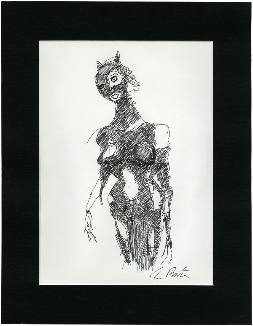 TIM BURTON "BATMAN RETURNS" CATWOMAN ORIGINAL ART.: TIM BURTON "BATMAN RETURNS" CATWOMAN ORIGINAL ART. 8.25x11-5/8" sheet of unlined paper features pen and ink illustration of DC Comics' antihero Catwoman by director Tim Burton. Burton depicted Catwoma