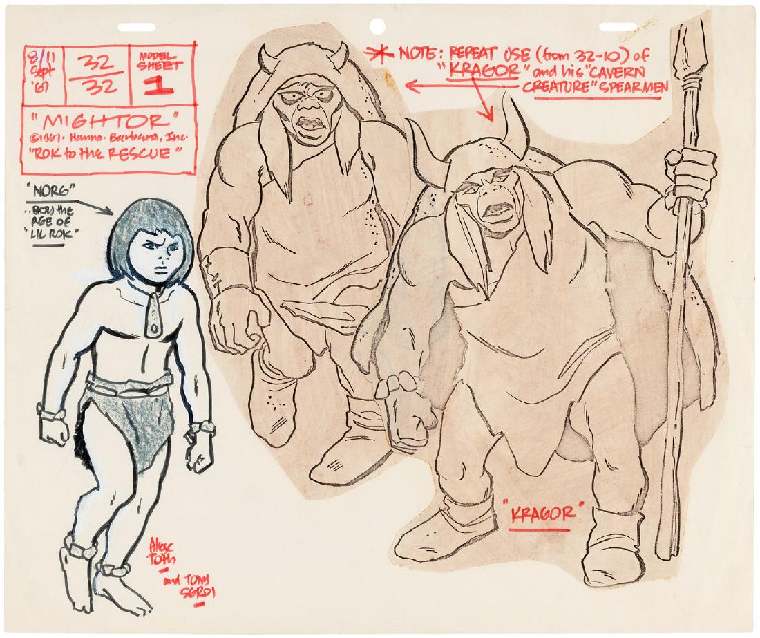 "MOBY DICK AND MIGHTY MIGHTOR" CHARACTER DEVELOPMENT: MOBY DICK AND MIGHTY MIGHTOR CHARACTER DEVELOPMENT ORIGINAL ART BY ALEX TOTH. 10.5x12.5" sheet of animation paper has 3x7" image area of mixed media character development original art depicting Norg,