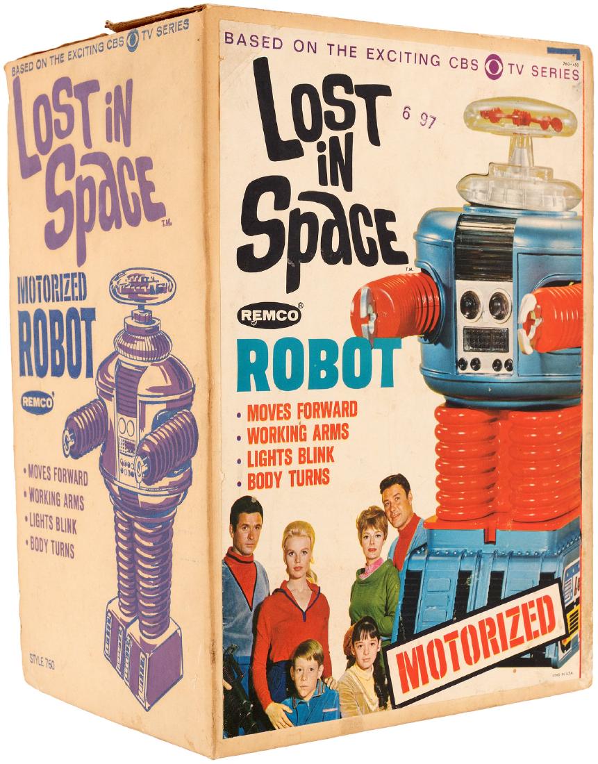 "LOST IN SPACE ROBOT" BOXED REMCO TOY (RARE COLOR: LOST IN SPACE ROBOT BOXED REMCO TOY (RARE COLOR VARIETY). Illustrated box w/full color photo side panel label contains 12" tall plastic battery-operated toy by Remco. ©1966 Space Productions. Box is