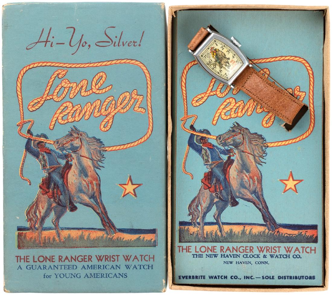 "THE LONE RANGER WRIST WATCH" IN BOX WITH RARE INSERT.: THE LONE RANGER WRIST WATCH IN BOX WITH RARE INSERT. 3.75x6.75x.75" deep die-cut cardboard box contains 1x1- 1/8" chrome luster case watch w/original leather band. New Haven Clock Co. Watch Division,