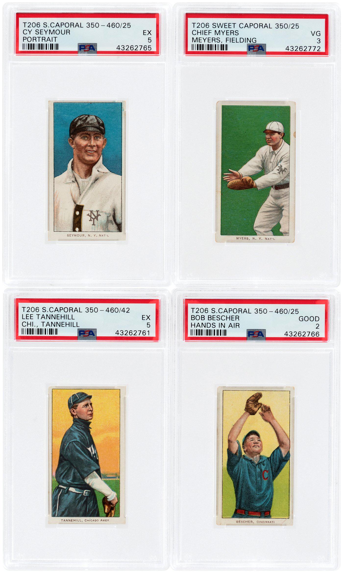 1909-11 T206 BASEBALL LOT OF EIGHT PSA GRADED.: 1909-11 T206 BASEBALL LOT OF EIGHT PSA GRADED. 1-7/16x2-5/8". Sweet Caporal 350-460/25 Cy Seymour Portrait EX 5, Sweet Caporal 350/25 Chief Myers Meyers Fielding VG 3, Sweet Caporal 350-460/42 Lee Tan