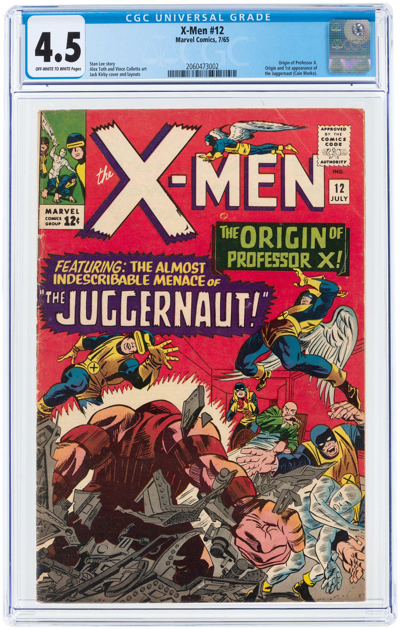 "X-MEN" #12 JULY 1965 CGC 4.5 VG+ (FIRST JUGGERNAUT).: "X-MEN" #12 JULY 1965 CGC 4.5 VG+ (FIRST JUGGERNAUT). Marvel. Origin of Professor X. Origin and first appearance of the Juggernaut (Cain Marko). Stan Lee story. Jack Kirby cover and layouts. Alex Toth