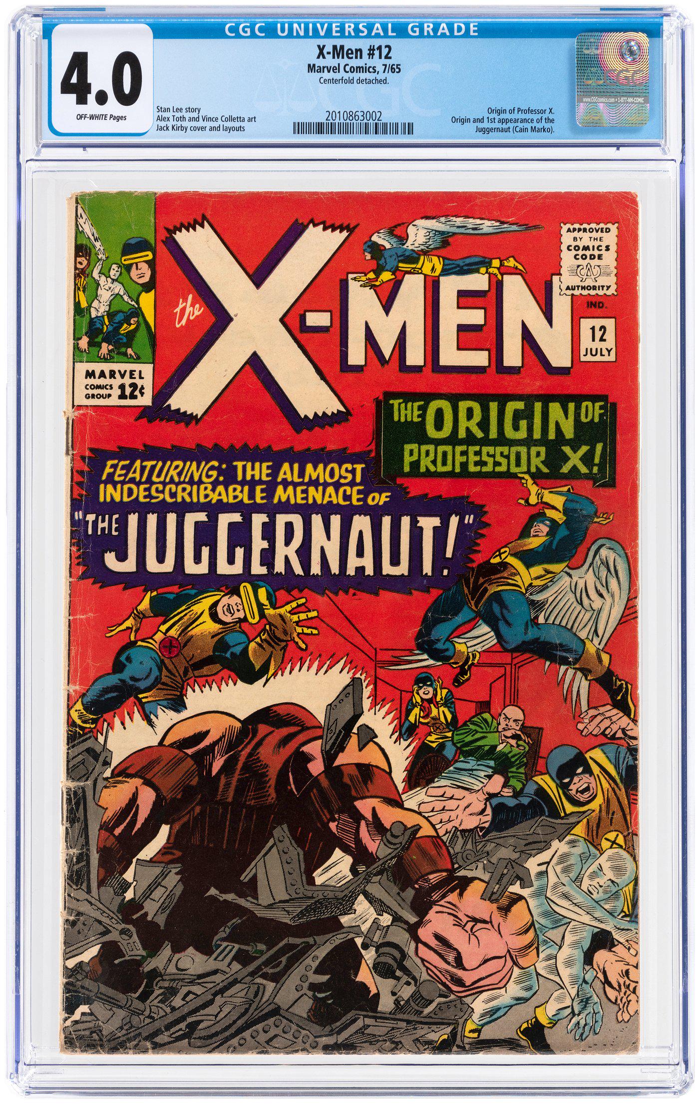 "X-MEN" #12 JULY 1965 CGC 4.0 VG (FIRST JUGGERNAUT).: "X-MEN" #12 JULY 1965 CGC 4.0 VG (FIRST JUGGERNAUT). Marvel. Origin of Professor X. Origin and first appearance of the Juggernaut (Cain Marko). Stan Lee story. Jack Kirby cover and layouts. Alex Toth