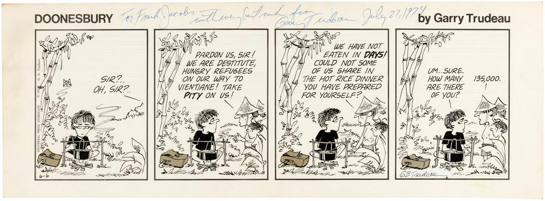 "DOONESBURY" 1973 DAILY STRIP ORIGINAL ART BY GARY: "DOONESBURY" 1973 DAILY STRIP ORIGINAL ART BY GARY TRUDEAU. 6x16-5/8" artboard has four panels of pen and ink original art w/screentone accents for June 6, 1973 daily strip by Gary Trudeau. Strip show