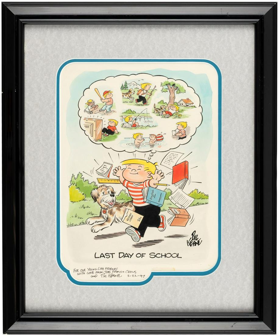 "THE FAMILY CIRCUS - LAST DAY OF SCHOOL" FRAMED: "THE FAMILY CIRCUS - LAST DAY OF SCHOOL" FRAMED ORIGINAL ART BY BIL KEANE. 16-7/8x20-3/8" frame contains ink and watercolors over pencil original art that has been professionally double-matted to 9.5x