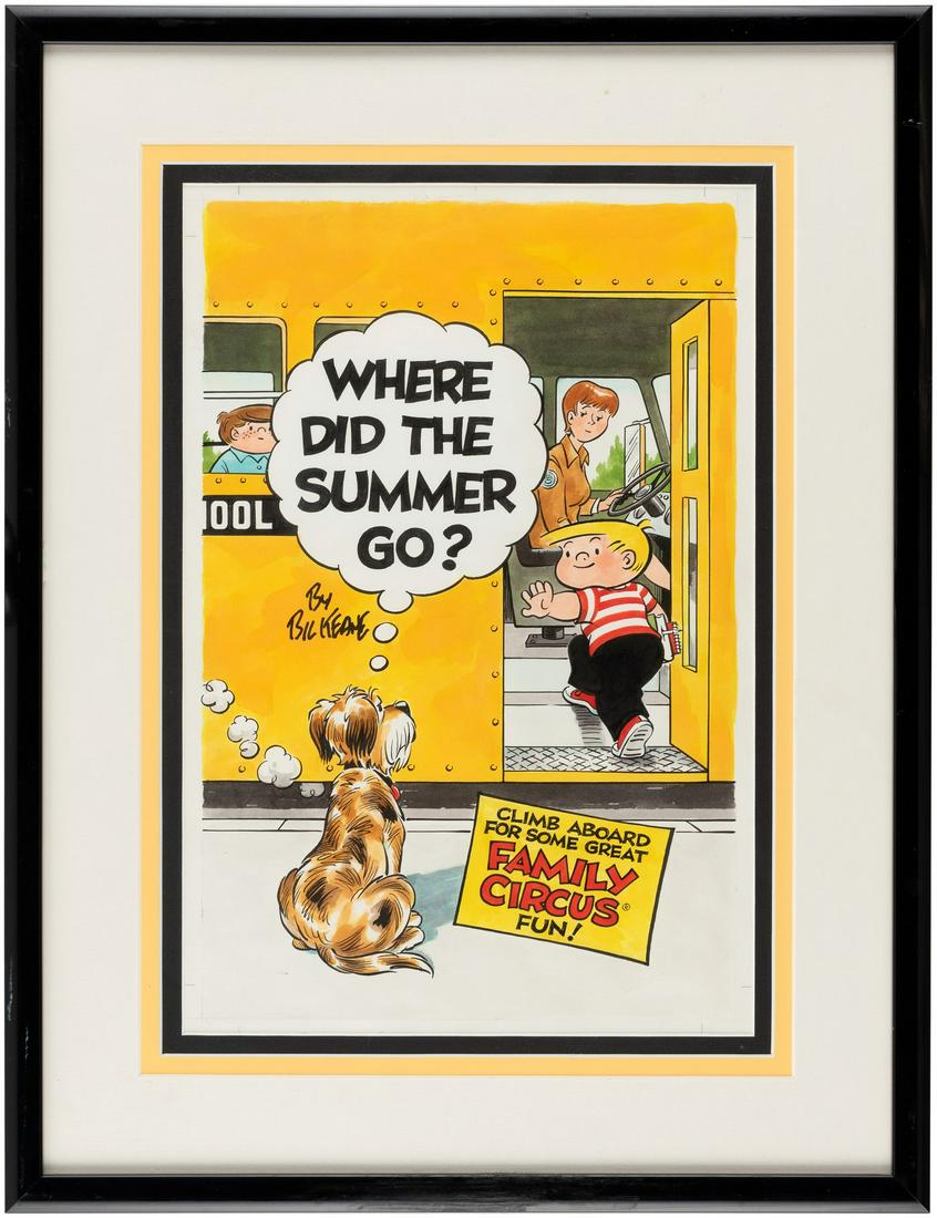 "THE FAMILY CIRCUS - WHERE DID THE SUMMER GO?" FRAMED: "THE FAMILY CIRCUS - WHERE DID THE SUMMER GO?" FRAMED ORIGINAL ART BY BIL KEANE. 16-7/8x22" frame contains ink and watercolors over pencil original art that has been professionally triple-matted to 10