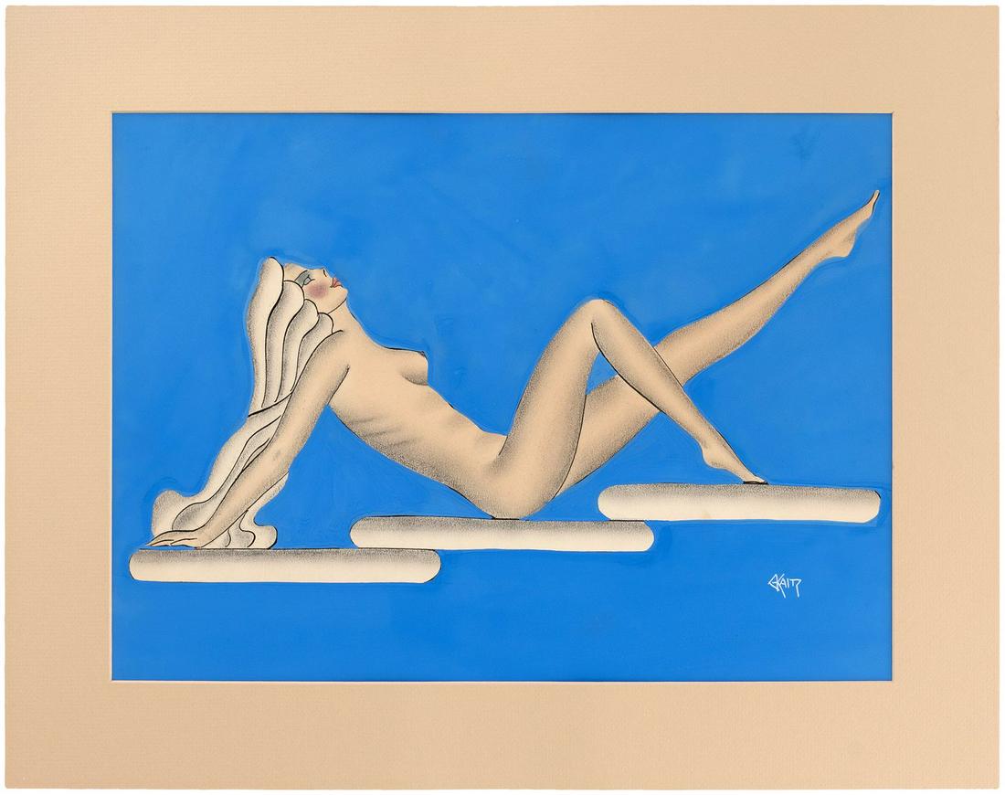 ART DECO "DECO LOUNGING" ORIGINAL ART BY GUSTAVE KAITZ.: ART DECO "DECO LOUNGING" ORIGINAL ART BY GUSTAVE KAITZ. 18x23.5" mat (w/13x18" opening) has illustration board taped to back and features mixed media (watercolor and pastels) original art titled "Deco