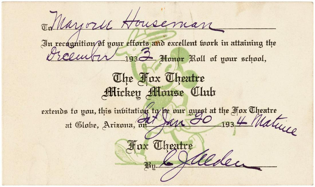 MICKEY MOUSE MOVIE CLUB HONOR ROLL COMPLEMENTARY: MICKEY MOUSE MOVIE CLUB HONOR ROLL COMPLEMENTARY ADMISSION CARD. 3.25x5.5" single-sided card features great bkg. full body image of Mickey Mouse tipping his hat. Card was issued by the Globe, AZ "The