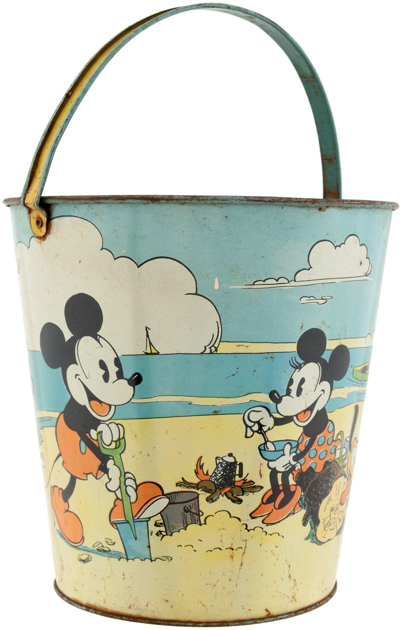 MICKEY MOUSE & FRIENDS LARGE SAND PAIL.: MICKEY MOUSE & FRIENDS LARGE SAND PAIL. 7-7/8" tall (12" tall to top of raised handle) tin litho. Ohio Art Co., 1930s. One of the earliest Ohio Art Disney sand pails, featuring great wrap-around beach