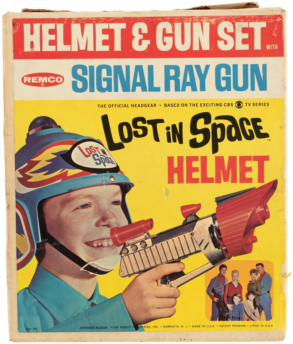 REMCO BOXED "LOST IN SPACE HELMET & GUN SET.": REMCO BOXED "LOST IN SPACE HELMET & GUN SET." Original cardboard box w/photo illustrated label contains 9" tall plastic helmet based on the classic Sci-Fi TV show which aired on CBS 1965-1968. Remco,