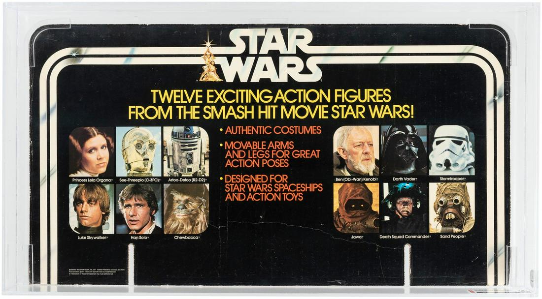 "STAR WARS" ACTION FIGURE 12 BACK BIN HEADER DISPLAY: "STAR WARS" ACTION FIGURE 12 BACK BIN HEADER DISPLAY CARD CAS 75+. CAS graded and encapsulated case contains "Star Wars" cardboard 12 back display bin header card measuring 13.5x24". ©1977 General Mi