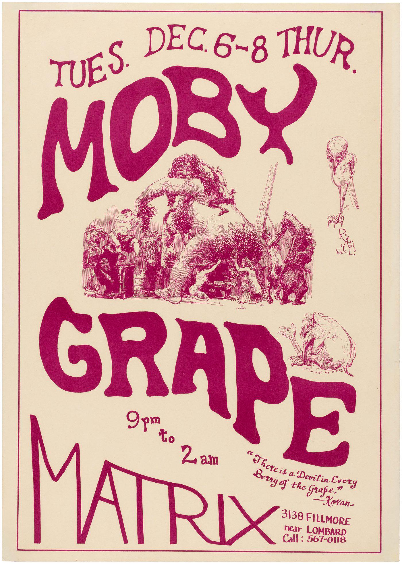 MOBY GRAPE 1966 MATRIX CONCERT POSTER.: MOBY GRAPE 1966 MATRIX CONCERT POSTER. 14.25x20" first and only printing poster for Dec. 6-8, 1966 concerts that took place at the Matrix nightclub in San Francisco, CA. that featured Moby Grape. Art