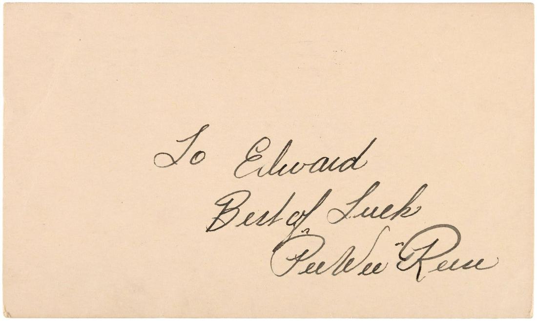 1948 PEE WEE REESE HOF SIGNED GOVERNMENT POSTCARD.: 3.25x5.5" Government postcard has been signed by HOF'er and Brooklyn Dodgers great, Pee Wee Reese. Beginning his MLB career in 1940, Reese would play his entire career for the Dodgers, including his f