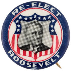 "RE-ELECT ROOSEVELT" AMERICAN SHIELD PORTRAIT BUTTON (1 of 1)