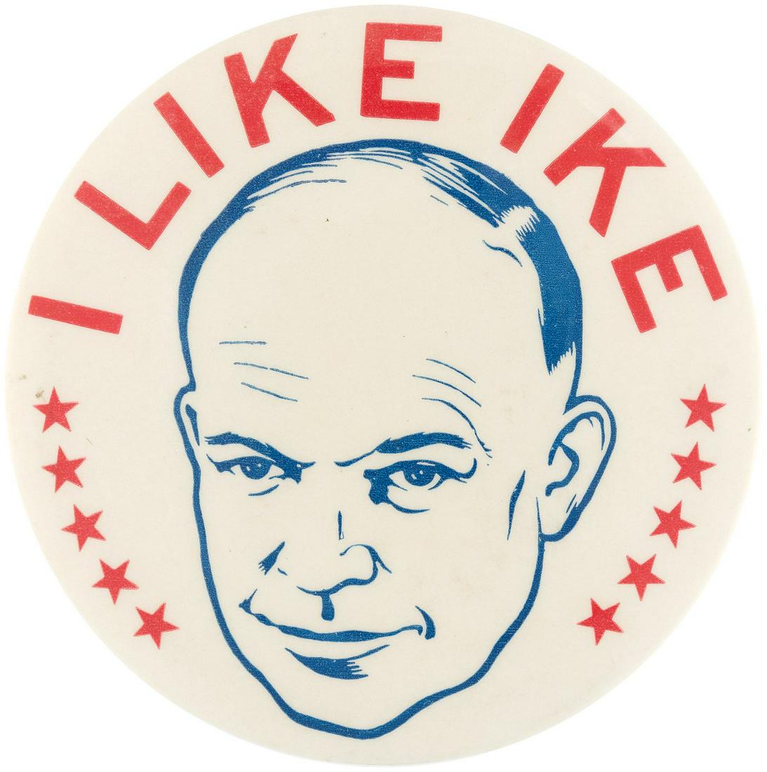 DISTINCTIVE EISENHOWER "I LIKE IKE" SKETCH PORTRAIT: DISTINCTIVE EISENHOWER "I LIKE IKE" SKETCH PORTRAIT BUTTON. 3.5" w/union back stamp and horizontal bar pin. Bold patriotic design featuring the most iconic campaign slogan in American political histor
