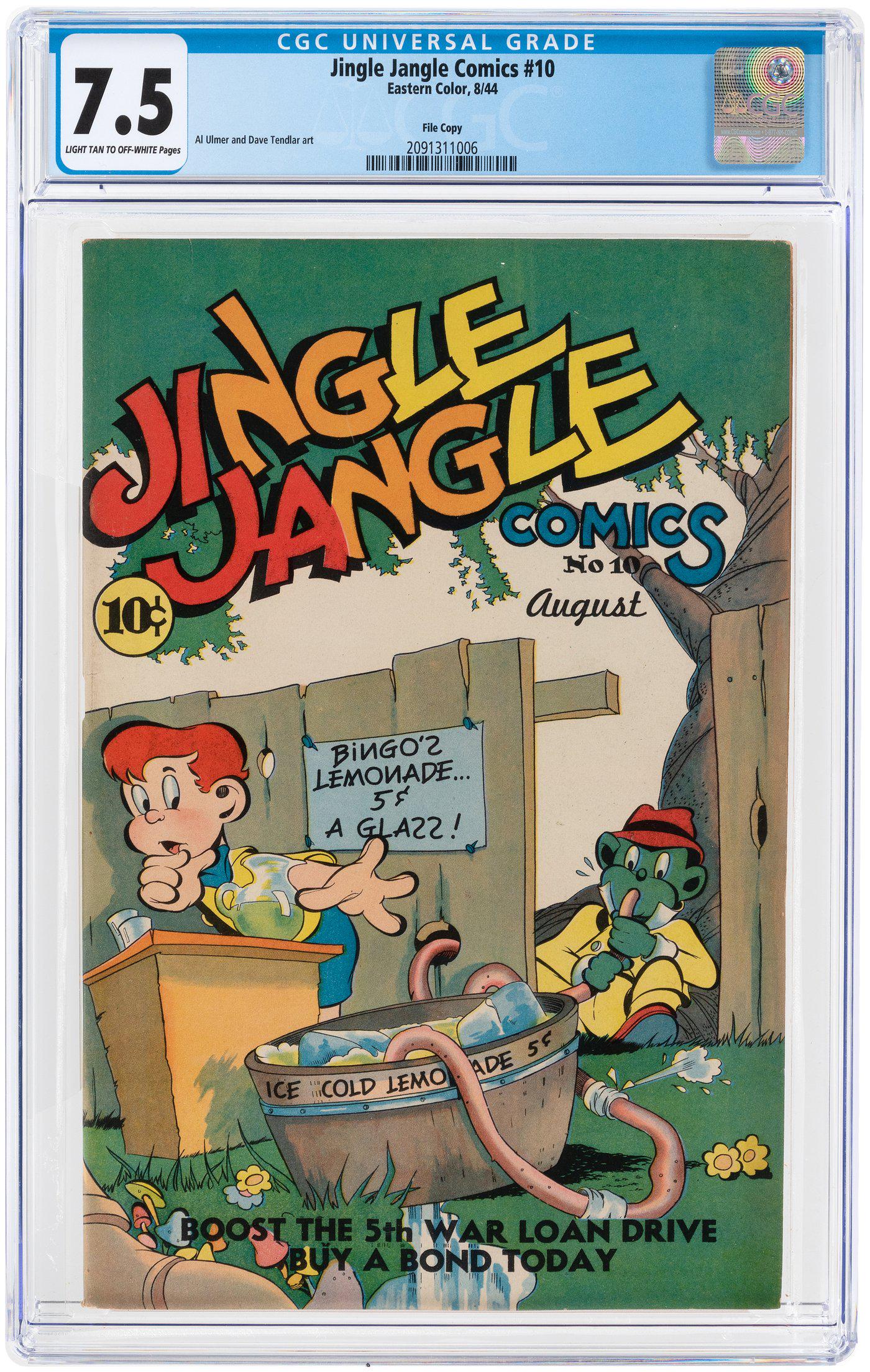 "JINGLE JANGLE COMICS" CGC FILE COPY PAIR.: "JINGLE JANGLE COMICS" CGC FILE COPY PAIR. Eastern Color. Lot includes- #10 August 1944. CGC 7.5 VF-. File copy. Al Ullmer and Dave Tendlar art. Light tan to off-white pages. #35 October 1948. CGC 9.0