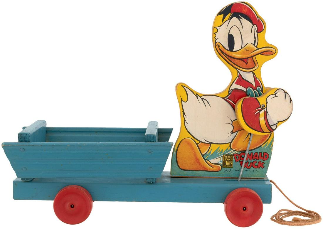 "DONALD DUCK" CART FISHER-PRICE PULL TOY PAIR.: "DONALD DUCK" CART FISHER-PRICE PULL TOY PAIR. Pair of wooden cart pull toys, each w/jigsawed wood Donald Duck figure w/paper labels at front w/original pull strings and arms that move. Undersides of