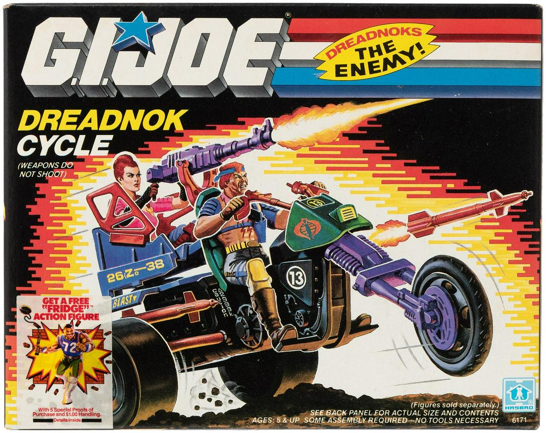G.I. JOE DREAKNOK CYCLE VEHICLE FACTORY SEALED IN BOX.: G.I. JOE DREAKNOK CYCLE VEHICLE FACTORY SEALED IN BOX. 2.75x7x9" old store stock factory sealed box. ©1987 Hasbro. Series 6. "Free Fridge Action Figure" offer sticker on front. Box has lt. aging/wear