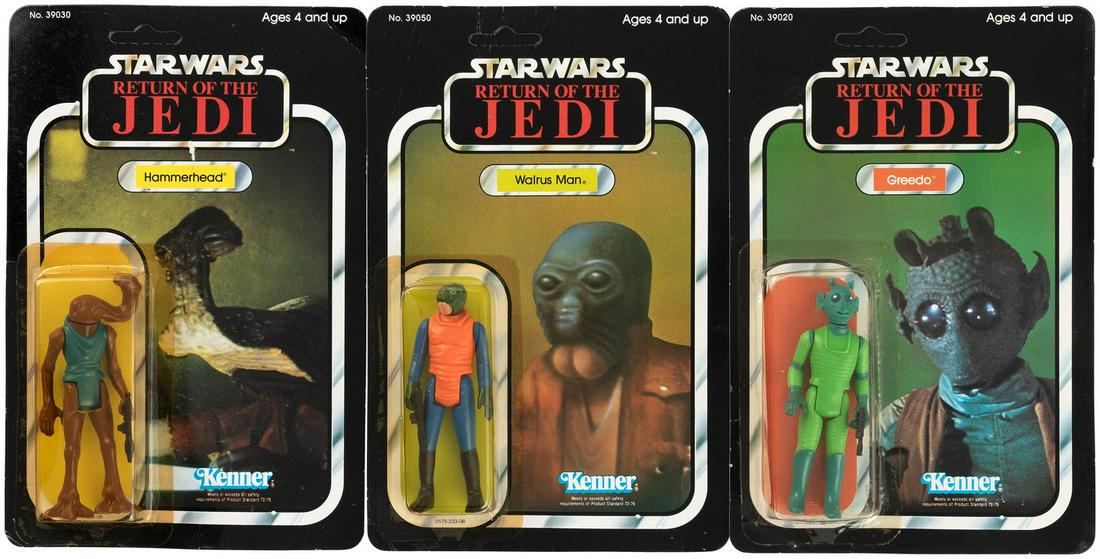 "STAR WARS: RETURN OF THE JEDI" CARDED "CANTINA: "STAR WARS: RETURN OF THE JEDI" CARDED "CANTINA CREATURE" ACTION FIGURE TRIO. Lot of three 3.75" action figures, each on "Return Of The Jedi" cards. Kenner. ©1983 Lucasfilm Ltd. Included are - Greedo