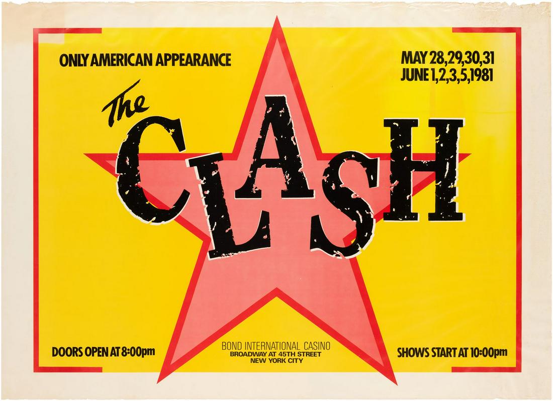 THE CLASH 1981 BONDS INTERNATIONAL CASINO NEW YORK CITY: THE CLASH 1981 BONDS INTERNATIONAL CASINO NEW YORK CITY PUNK CONCERT POSTER. 42x57" on thin glossy paper. Advertising the bands "Only American Appearance" an eight concert series from May 28- June 5.