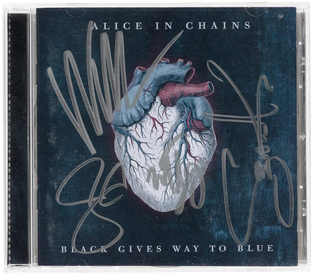 ALICE IN CHAINS BAND-SIGNED "BLACK GIVES WAY TO BLUE": ALICE IN CHAINS BAND-SIGNED "BLACK GIVES WAY TO BLUE" CD & DRUMHEAD. Pair of items signed by Alice In Chains Members Jerry Cantrell, Sean Kinney, Mike Inez and William DuVall. Lot includes "Black Give