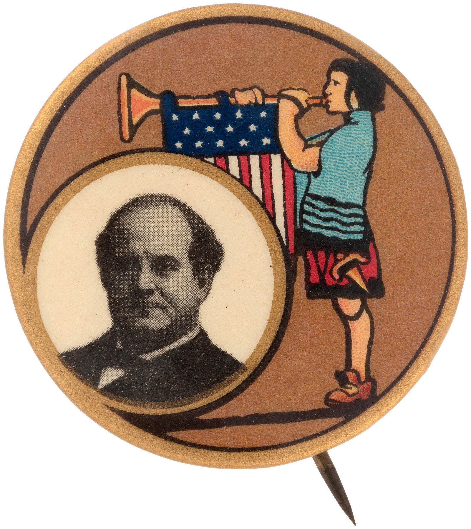 BRYAN 1908 PORTRAIT BUTTON WITH ARTIST MAXFIELD PARRISH: 1.75" w/Bastian Bros. Co. back paper. Hake #119. Moderate surface wear in reflected light. Exc. Always among the most popular Bryan buttons. This example is especially pleasing w/fresh color and perfe