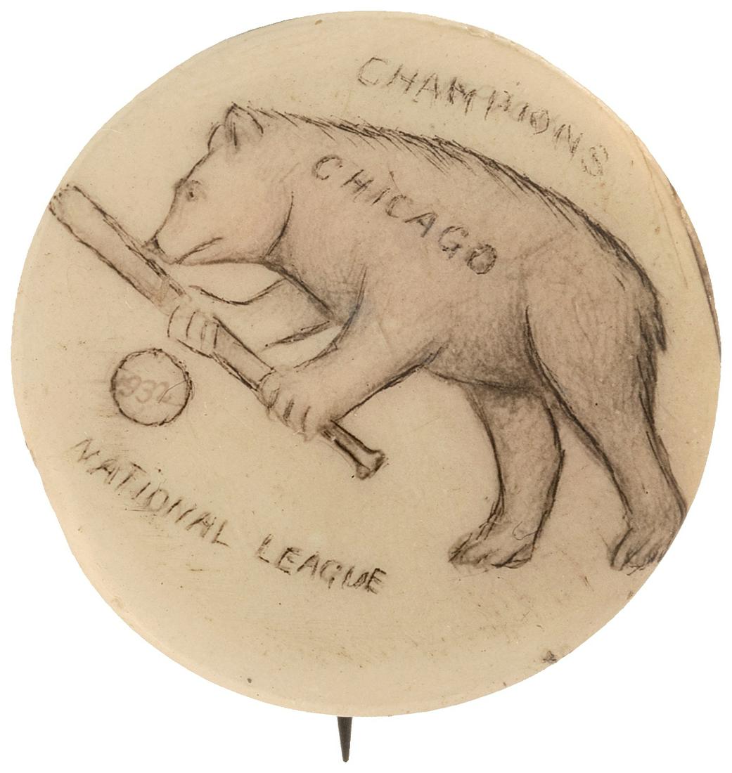1932 CHICAGO CUBS "CHAMPION/NATIONAL LEAGUE" REAL PHOTO: Rare 1" without maker name as is typical for most real photo buttons. The image is a photo of a pen and ink drawing of a bear with bat and dated ball with the lettering gone over a second time to make