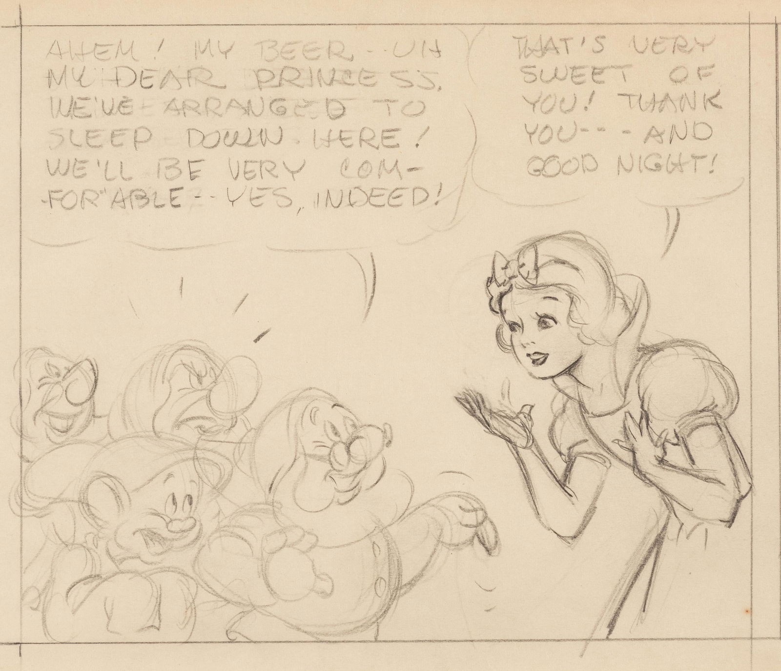 "SNOW WHITE AND THE SEVEN DWARFS" c. 1938 COMIC STRIP: The "Snow White And The Seven Dwarfs" comic strip was released to coincide w/the release of Disney's 1937 animated film. Written by Merril de Marris and drawn by Hank Porter (both staff at Disney), th