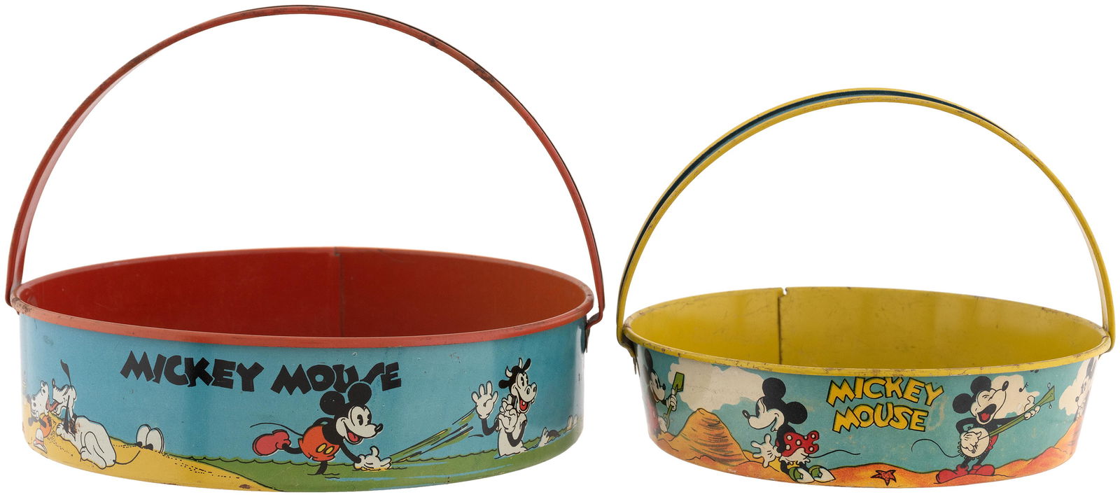 "MICKEY MOUSE" & FRIENDS SAND SIEVE PAIR.: Pair of tin litho sand sieves w/attached carrying handles. Bottoms have wire mesh coverings. Ohio Art, 1930s. Larger is 7.75" dia. by 2" deep and features different beach scenes involving Mickey and M