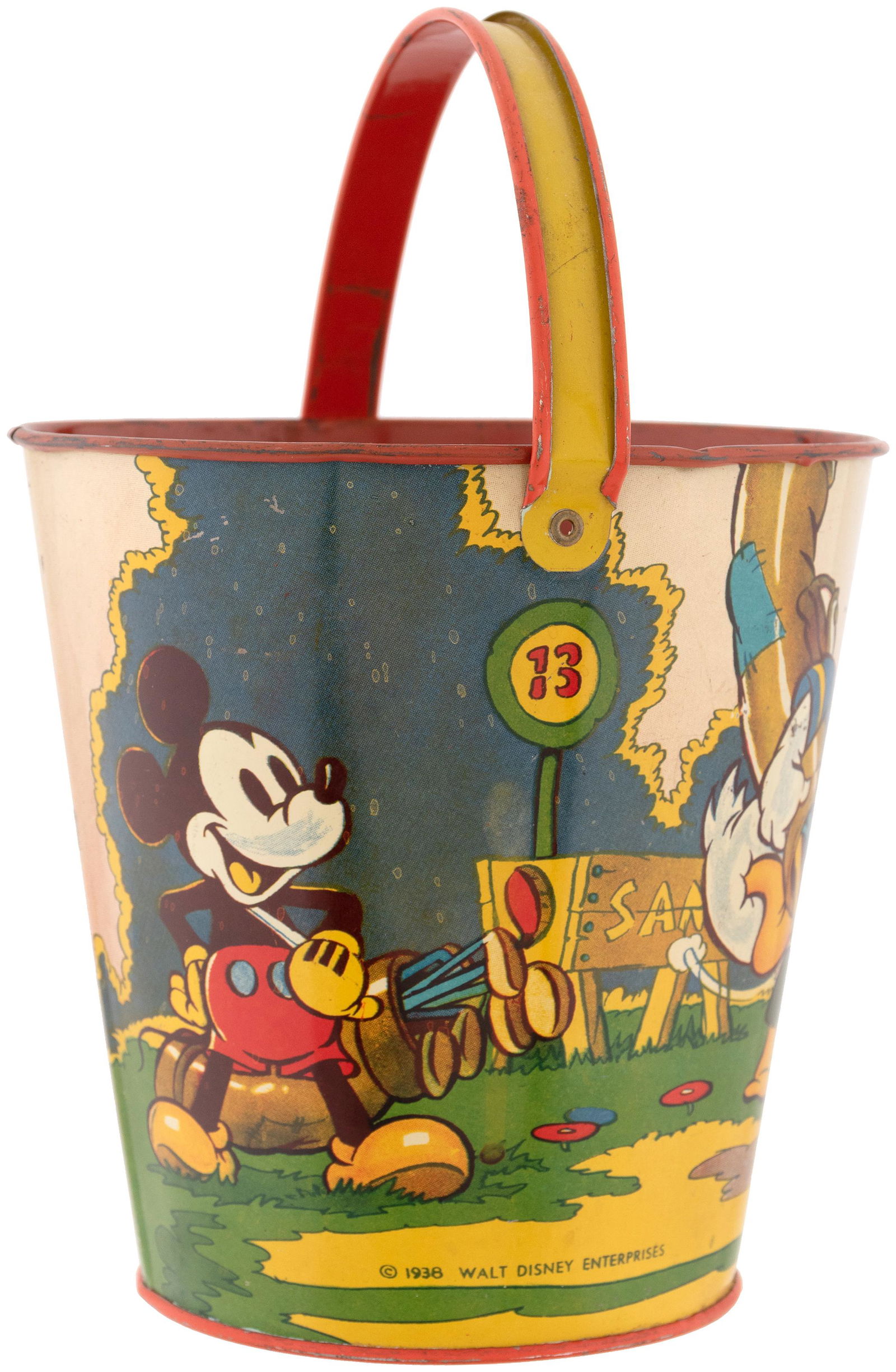 MICKEY MOUSE, DONALD DUCK & GOOFY SAND PAIL.: 5.75" tall (8.5" to top of raised handle) tin litho. Ohio Art, ©1938 WDE. Great wrap-around scene showing Mickey Mouse, Donald Duck and Goofy in golfing attire, each carrying a bag of clubs. Inte