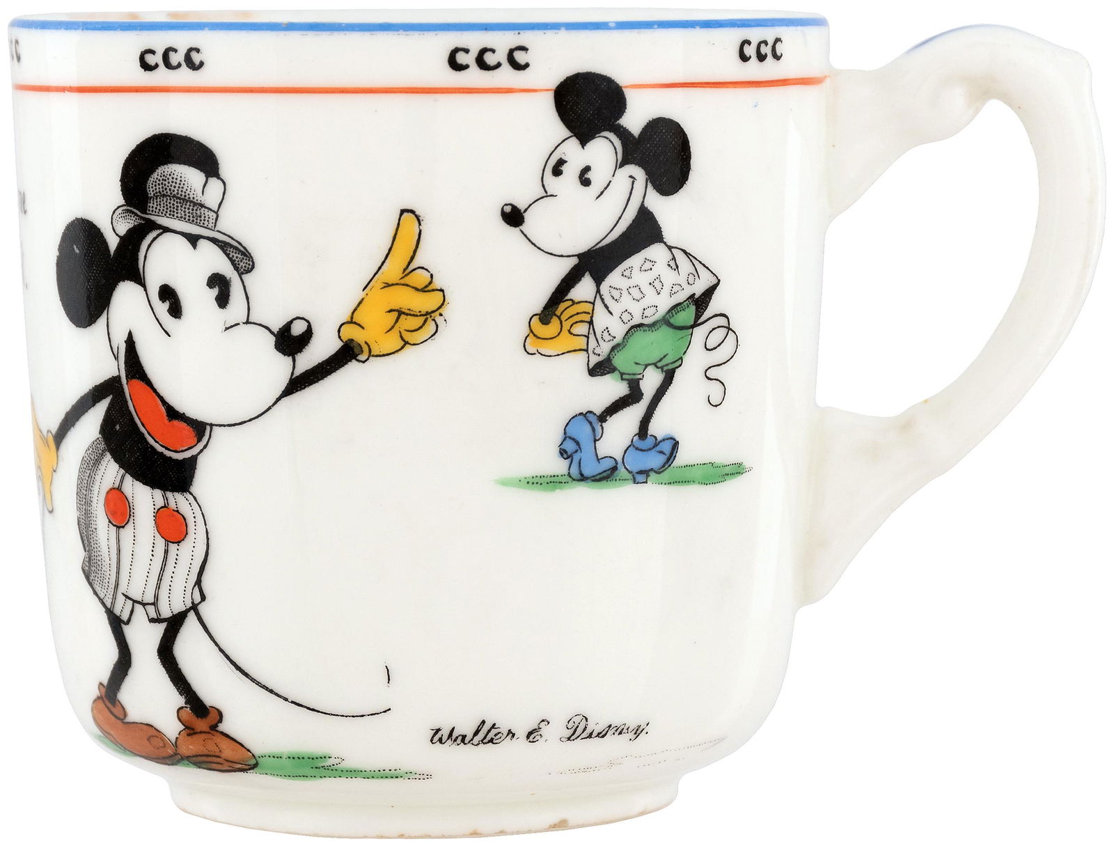 MICKEY & MINNIE MOUSE EXCEPTIONAL PARAGON CHINA CUP.: 2.75" tall handled cup. Made in England, early 1930s. Cup features scene Mickey Mouse w/hat and cane, gesturing towards Minnie Mouse, w/"That's What Keeps Me Awake All Night" text. Additional Minnie i