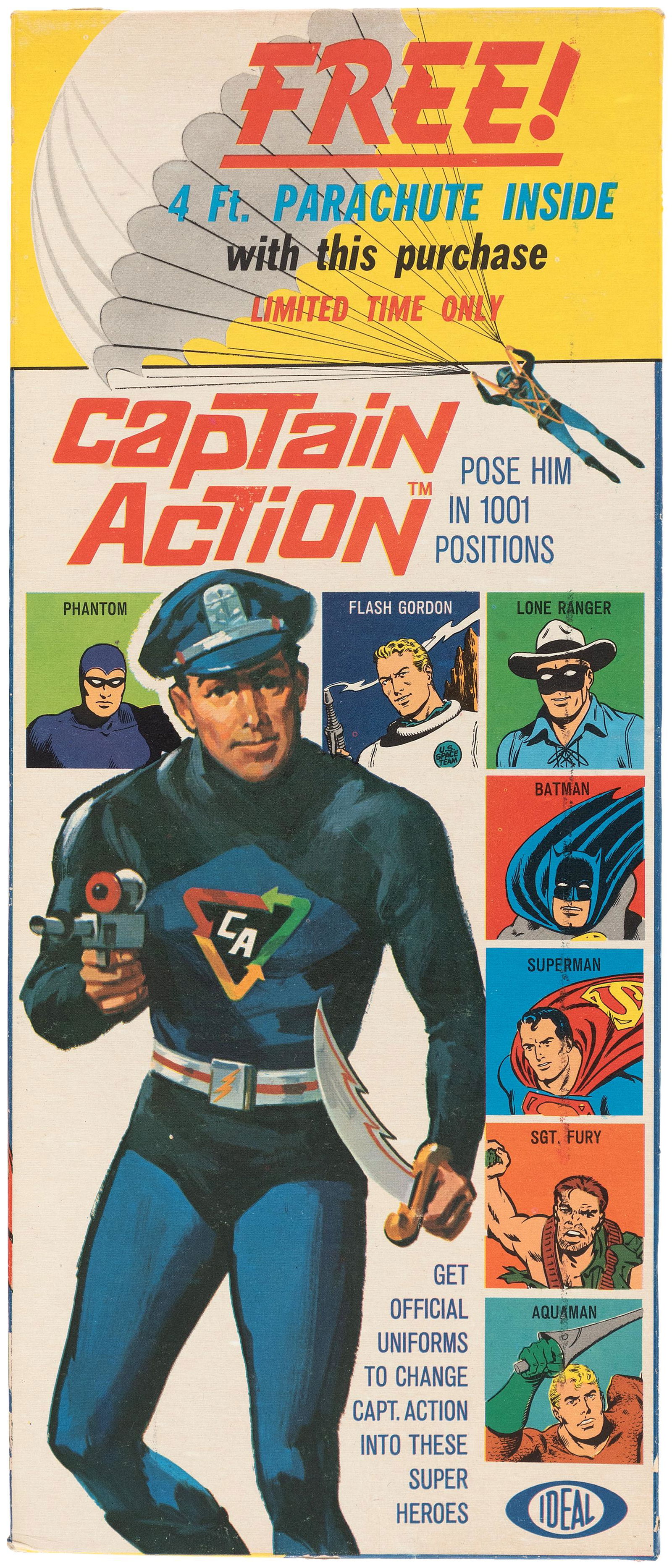 "CAPTAIN ACTION" FIGURE W/"FREE 4 FT. PARACHUTE" THIRD: 2.25x5.5x13" third issue 1967 box contains 11.5" tall poseable figure by Ideal ©1966. #3399-3. Figure is complete with chest decal w/all points intact and factory-sealed bagged hat/belt/sword/pis