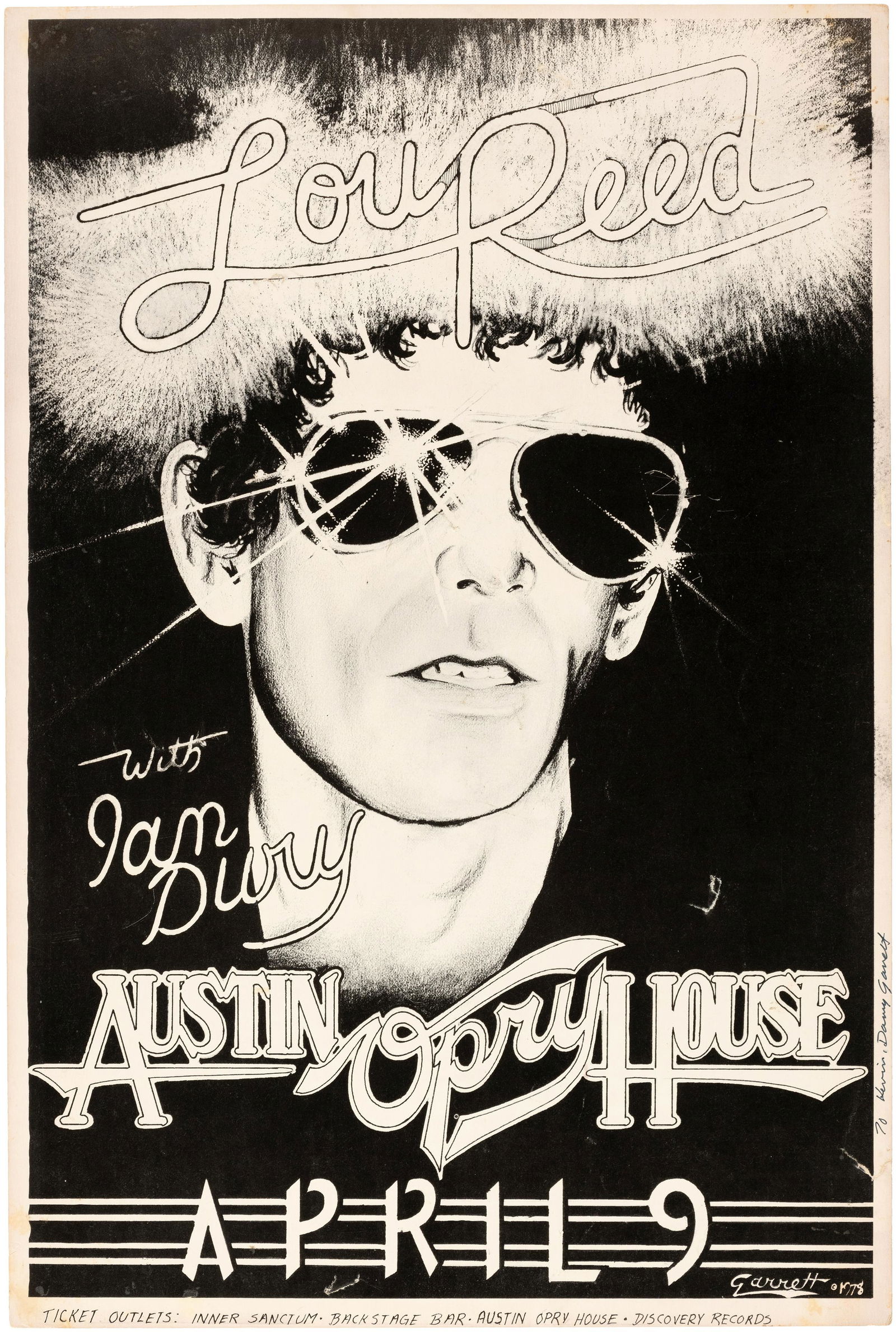"LOU REED WITH IAN DURY" 1978 AUSTIN OPRY HOUSE CONCERT: 11.5x17.5" on coated card stock. Signed in margin along right edge "To Kevin Danny Garrett." The former Velvet Underground frontman was touring in support of his album "Street Hassle" released three m