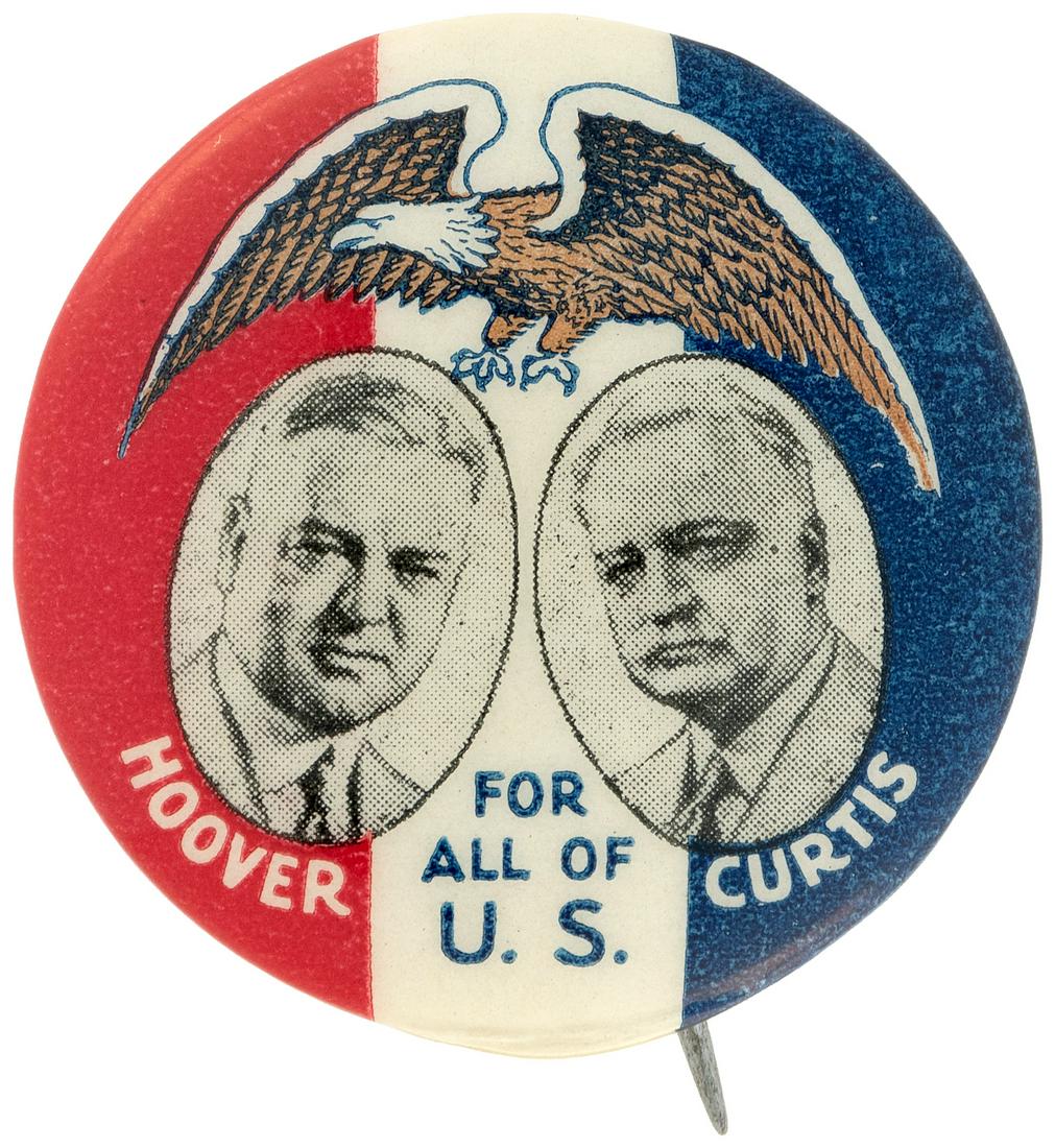 HOOVER & CURTIS "FOR ALL OF U.S." JUGATE BUTTON HAKE: 1.25". 1932. Crimping error at 6 o'clock that caused a stable less than .5" separation on reverse. Otherwise super clean. Extremely Fine. Can be paired w/a matching FDR/Garner.