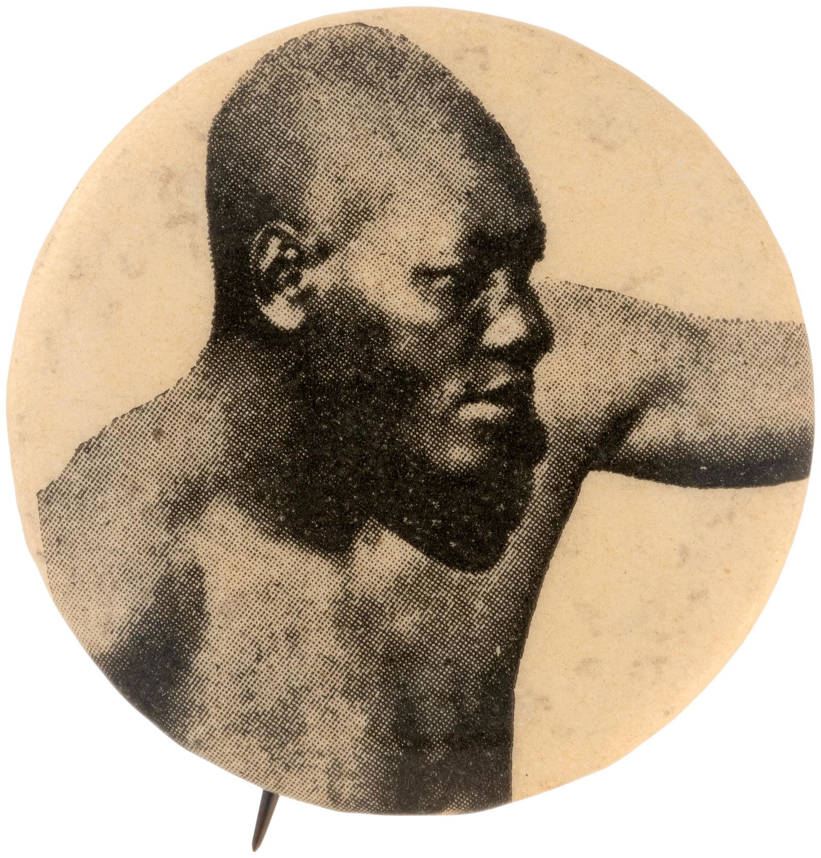JACK JOHNSON RENO FIGHT JULY 4, 1910 VS. JACK JEFFRIES: 1.5" with back paper of rarely seen maker "U.S. Button & Novelty Co./319/E. 11th/K.C. MO." See the previous Jeffries matching button. Some very tiny and very faint gray age dots on the background. Ful