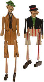 MUTT AND JEFF ARTICULATED WOODEN FIGURE PAIR.: Pair of approx. 9" and 11.75" tall jointed stick puppets/walking/dancing figures w/nice depictions of early comic characters Mutt and Jeff from the comic strip of the same name. Unmarked and maker is