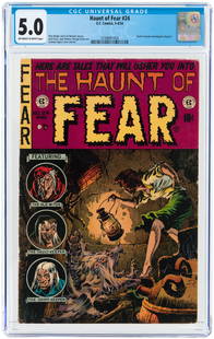 HAUNT OF FEAR #24 MARCH-APRIL 1954 CGC 5.0 VG/FINE.: EC. Used in Senate Investigation Report. Otto Binder and Carl Wessler stories. Graham Ingels cover and art w/additional art by Jack Davis, Jack Kamen and George Evans. Off-white to white pages.