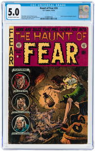 HAUNT OF FEAR #24 MARCH-APRIL 1954 CGC 5.0 VG/FINE.: EC. Used in Senate Investigation Report. Otto Binder and Carl Wessler stories. Graham Ingels cover and art w/additional art by Jack Davis, Jack Kamen and George Evans. Off-white to white pages.