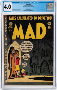 MAD #1 OCTOBER-NOVEMBER 1952 CGC 4.0 VG.: EC Comics. First satire comic. Harvey Kurtzman story and cover. Wally Wood, Bill Elder, Jack Davis and John Severin art. Cream to off-white pages. Key EC comic. From the Archives of Publisher Pete