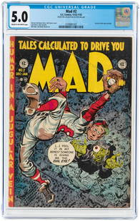 MAD #2 DECEMBER 1952 - JANUARY 1953 CGC 5.0 VG/FINE.: EC. Tarzan Of The Apes parody. Harvey Kurtzman story. Jack Davis cover and art w/additional art by John Severin, Bill Elder and Wally Wood. Cream to off-white pages. Classic baseball cover. From the A