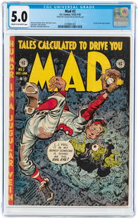 MAD #2 DECEMBER 1952 - JANUARY 1953 CGC 5.0 VG/FINE.: EC. Tarzan Of The Apes parody. Harvey Kurtzman story. Jack Davis cover and art w/additional art by John Severin, Bill Elder and Wally Wood. Cream to off-white pages. Classic baseball cover. From the