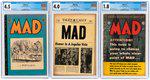 MAD #15-17 CGC TRIO.: Lot of three EC Comics. Issue #15 (September 1954) is CGC 4.5 VG+. Wild One and Gasoline Alley parodies. Wally Wood, Jack Davis, Harvey Kurtzman and Bill Elder art. Issue #16 (October 1954) is CGC