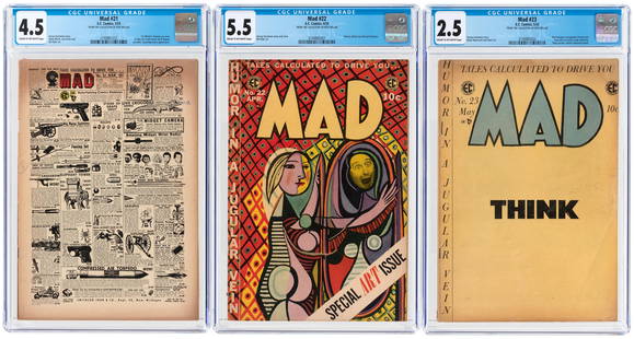 MAD #21-23 CGC TRIO.: Lot of three EC Comics. Issue #21 (March 1955) is CGC 4.5 VG+. First Alfred E. Neuman on cover in fake ad. Comic book ad and Popeye parodies. Superduperman appearance. Wally Wood, Jack Davis and Bill