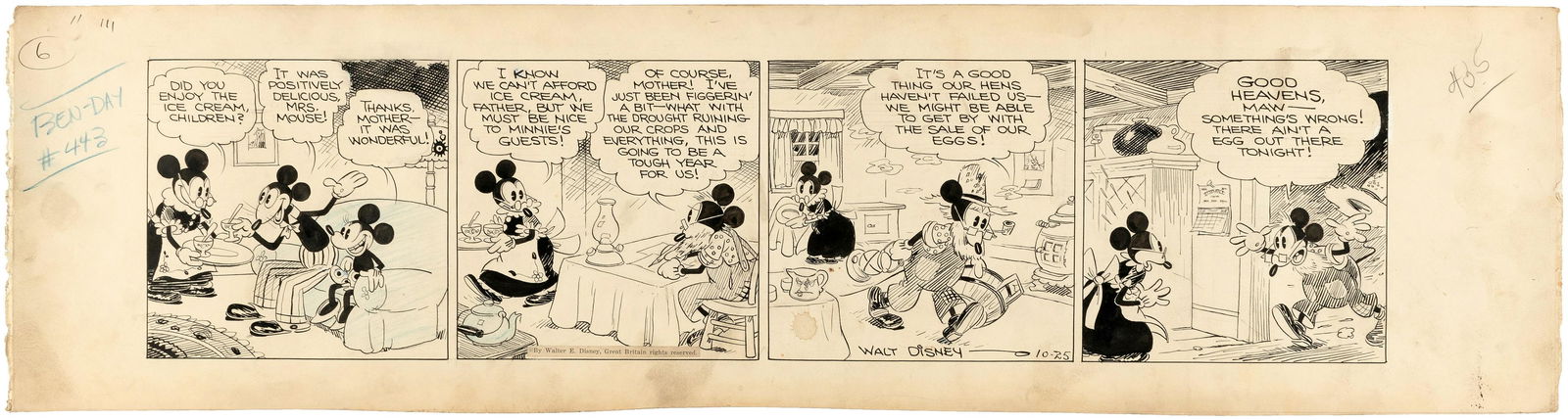 EARLY & HISTORIC MICKEY MOUSE 1930 DAILY STRIP ORIGINAL: EARLIEST FLOYD GOTTFREDSON MICKEY MOUSE SYNDICATE ART TO EVER COME TO AUCTION 7-7/8x29.25" artboard features original pen and ink art for Oct. 25, 1930 daily strip, featuring pencils by longtime Micke