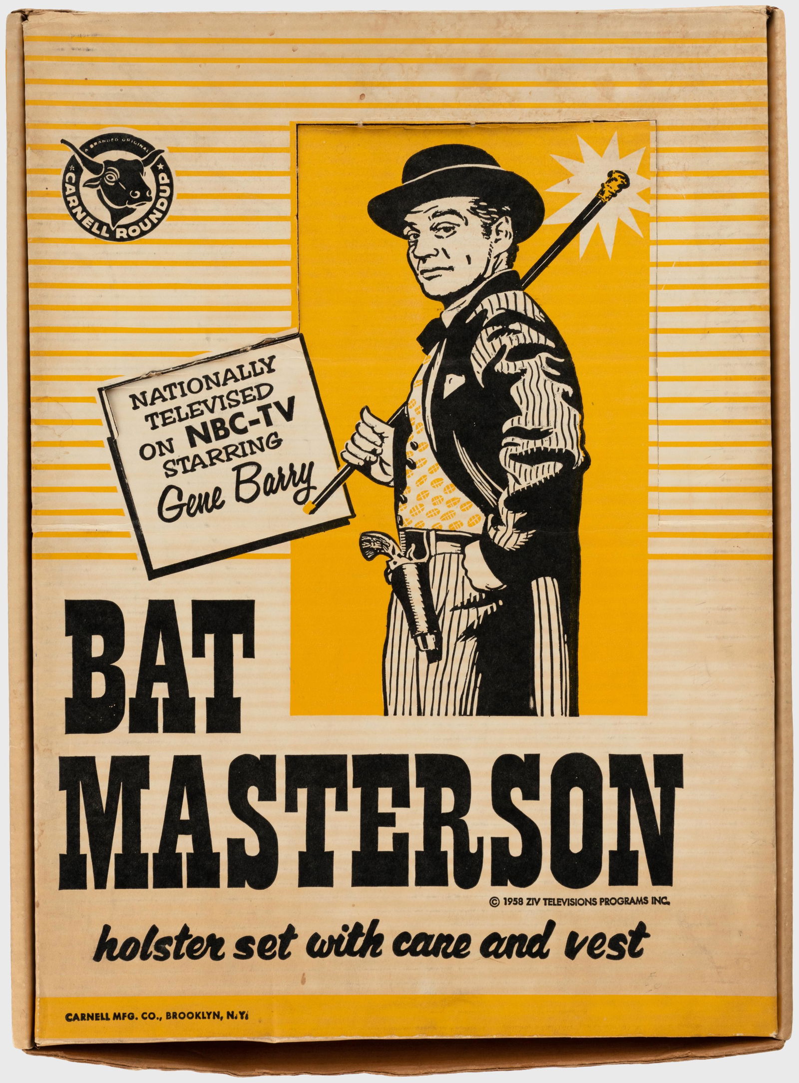 BAT MASTERSON HOLSTER UNUSED HIGH GRADE SET IN BOX.: 2.75x13x17.25" illustrated cardboard box w/die-cut display lid contains Carnell Roundup set. ©1958 Ziv Televisions Programs Inc. Lid has been punched. Box shows lt. handling creases. VF. Set cons