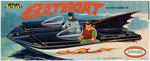 AURORA BATBOAT FACTORY-SEALED MODEL KIT.: Kit No. 811-100. ©1967 NPP, Inc. Illustrated box is clean and bright w/great graphic of TV styled Batboat zooming across the water with the Caped Crusaders inside. Box is tightly sealed in origin