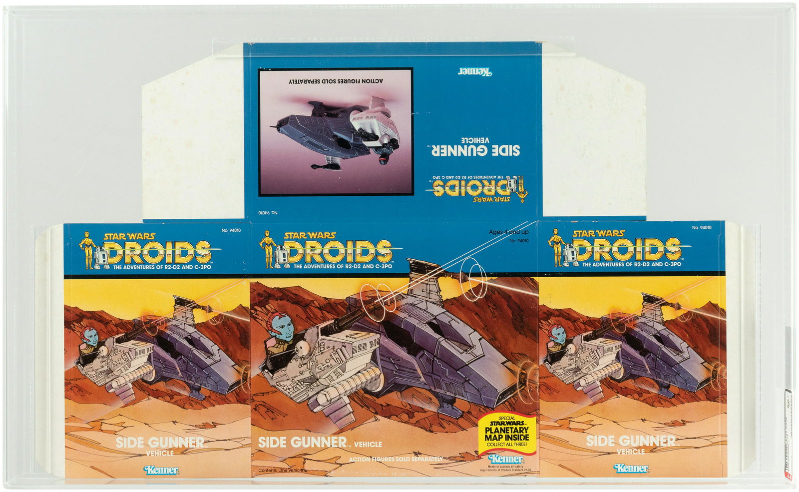 STAR WARS: DROIDS - SIDE GUNNER VEHICLE BOX FLAT AFA: AFA graded and encapsulated unassembled box flat for Side Gunner Vehicle from Kenner's popular 1985 Star Wars: Droids toyline based on the animated TV series, ©1985 Lucasfilm Ltd. Unused/never fo